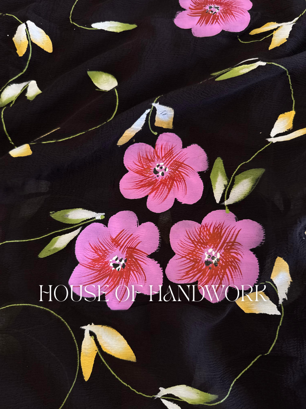 Starlit Blossom Foil Work Hand Painted Saree
