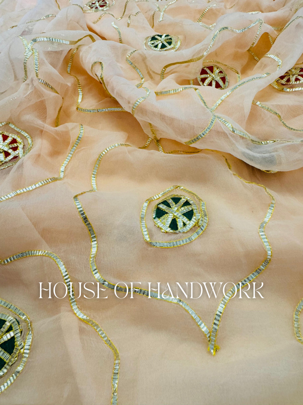 Peach Radiance Foil Work Handcrafted Saree
