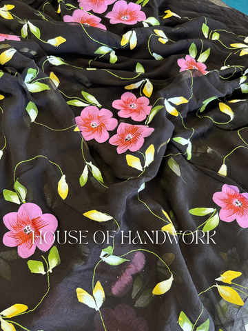 Starlit Blossom Foil Work Hand Painted Saree