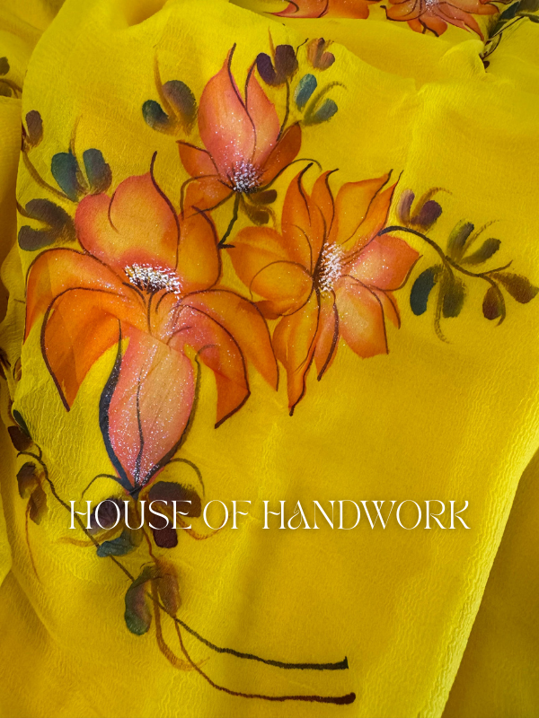 Sunshine Bloom Foil Work Hand Painted Saree