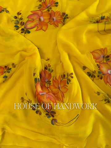 Sunshine Bloom Foil Work Hand Painted Saree