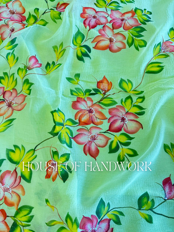 Floral Whisper Foil Work Hand Painted Saree