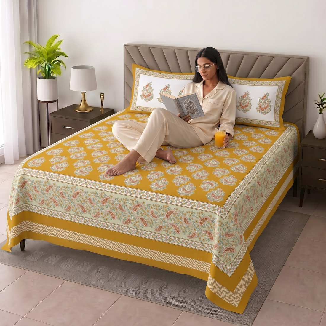 Yellow Leaves Jumbo Size Cotton Bedsheet with 2 Pillow Covers