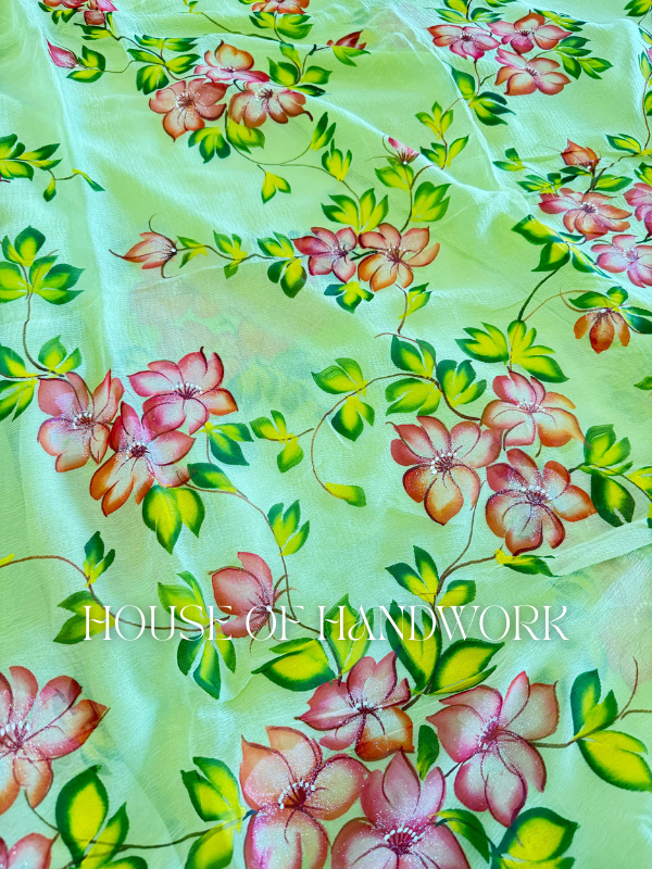 Floral Whisper Foil Work Hand Painted Saree