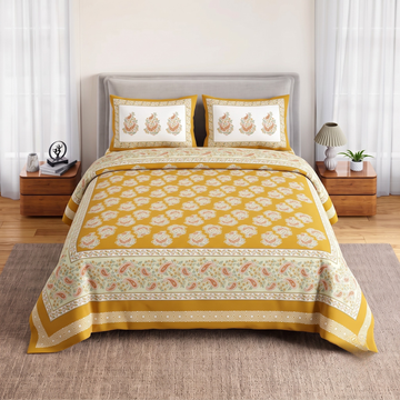 Yellow Leaves Jumbo Size Cotton Bedsheet with 2 Pillow Covers