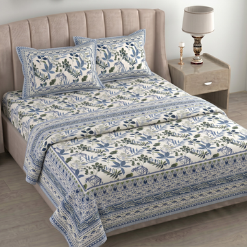 Blue & Green Leaves Pratham 4 Pieces Double Bed Dohar Set