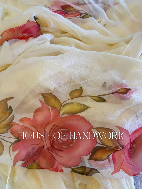 Ivory Rose Foil Work Hand Painted Saree
