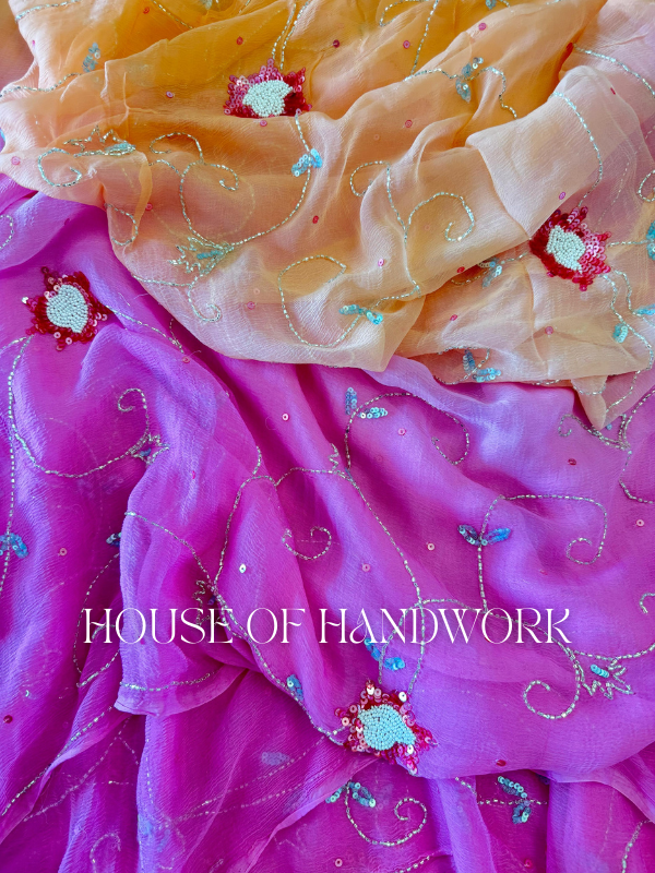 Peach Rose Radiance Handwork Saree