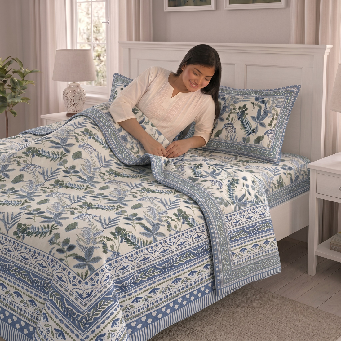Blue & Green Leaves Pratham 4 Pieces Double Bed Dohar Set