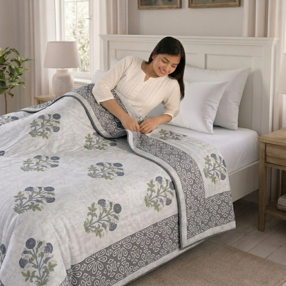 Grey Leaves Hawa Mahal Double Bed Reversible Cotton Dohar