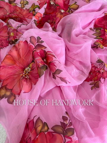 Blooming Radiance Foil Work Hand Painted Saree