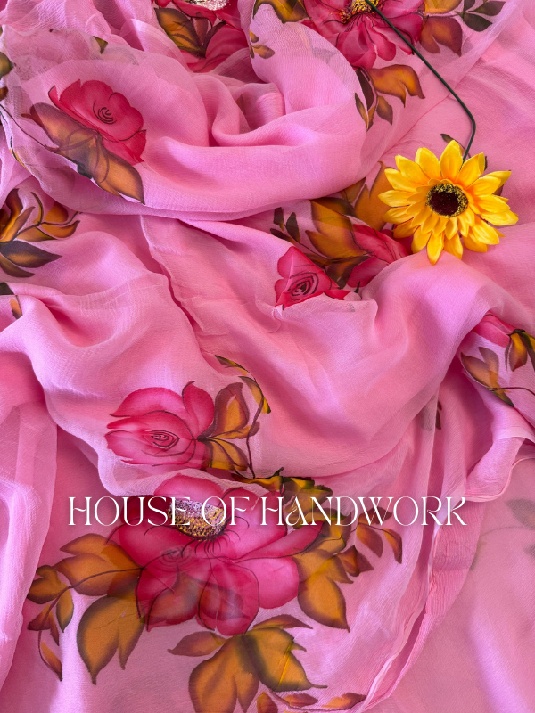Pink Aura Foil Work Hand Painted Saree