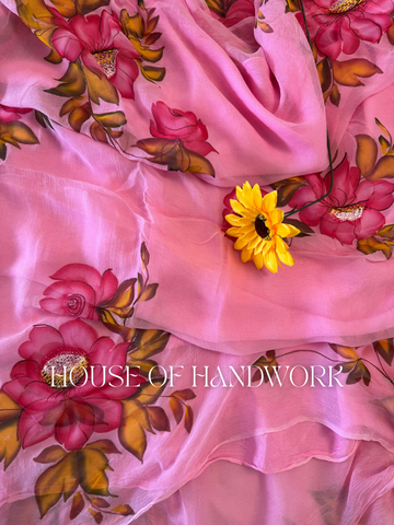 Pink Aura Foil Work Hand Painted Saree