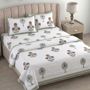 White & Brown Floral Pratham 4 Pieces Double Bed Dohar Set