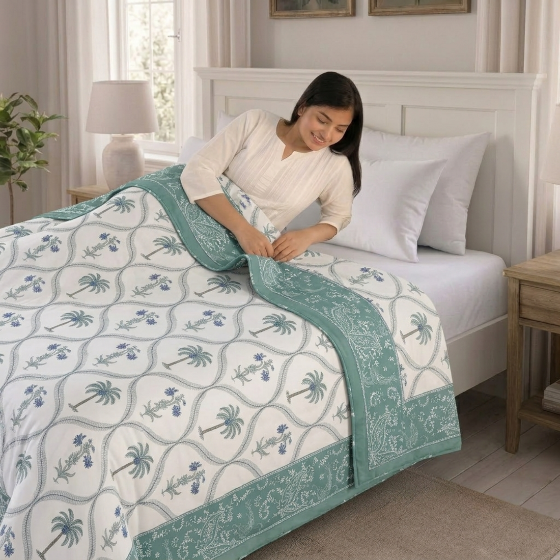 Sea Green Leaves Hawa Mahal Double Bed Reversible Cotton Dohar