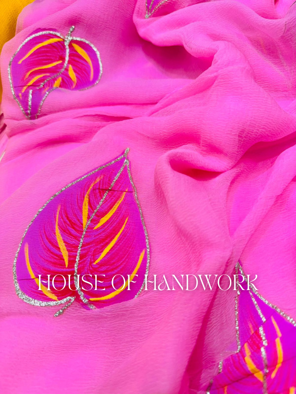 Fuchsia Feather Foil Handpainted Saree