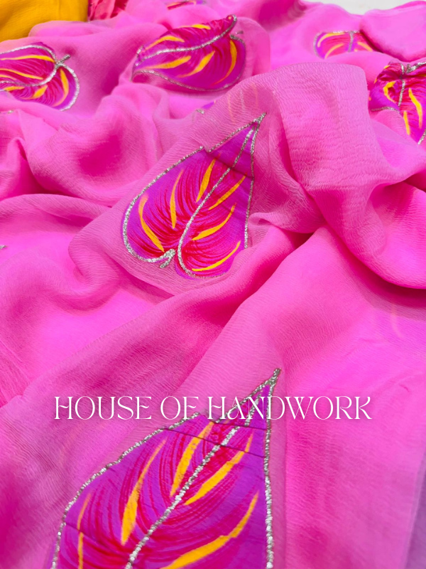 Fuchsia Feather Foil Handpainted Saree