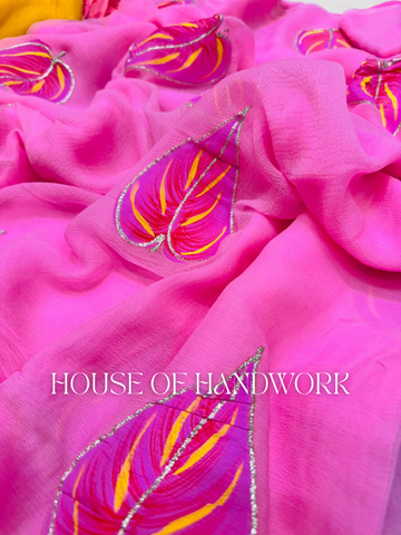 Fuchsia Feather Foil Handpainted Saree