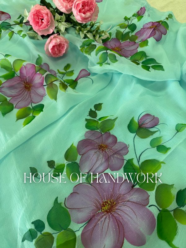 Garden Glow Foil Work Hand Painted Saree