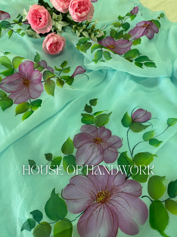 Garden Glow Foil Work Hand Painted Saree