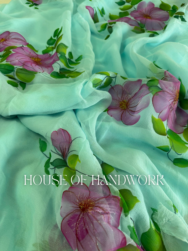 Garden Glow Foil Work Hand Painted Saree