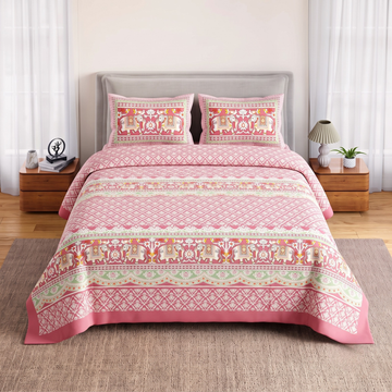 Pink Geometric Jumbo Size Cotton Bedsheet with 2 Pillow Covers