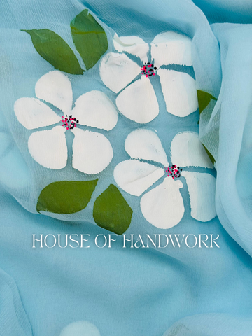 Sky Blossom Hand Painted Chiffon Saree