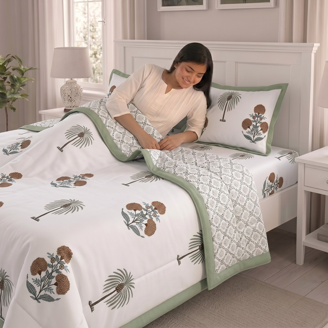 White & Brown Floral Pratham 4 Pieces Double Bed Dohar Set