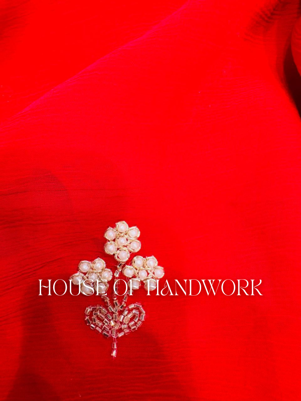Red Velvet Pearl Handwork Saree