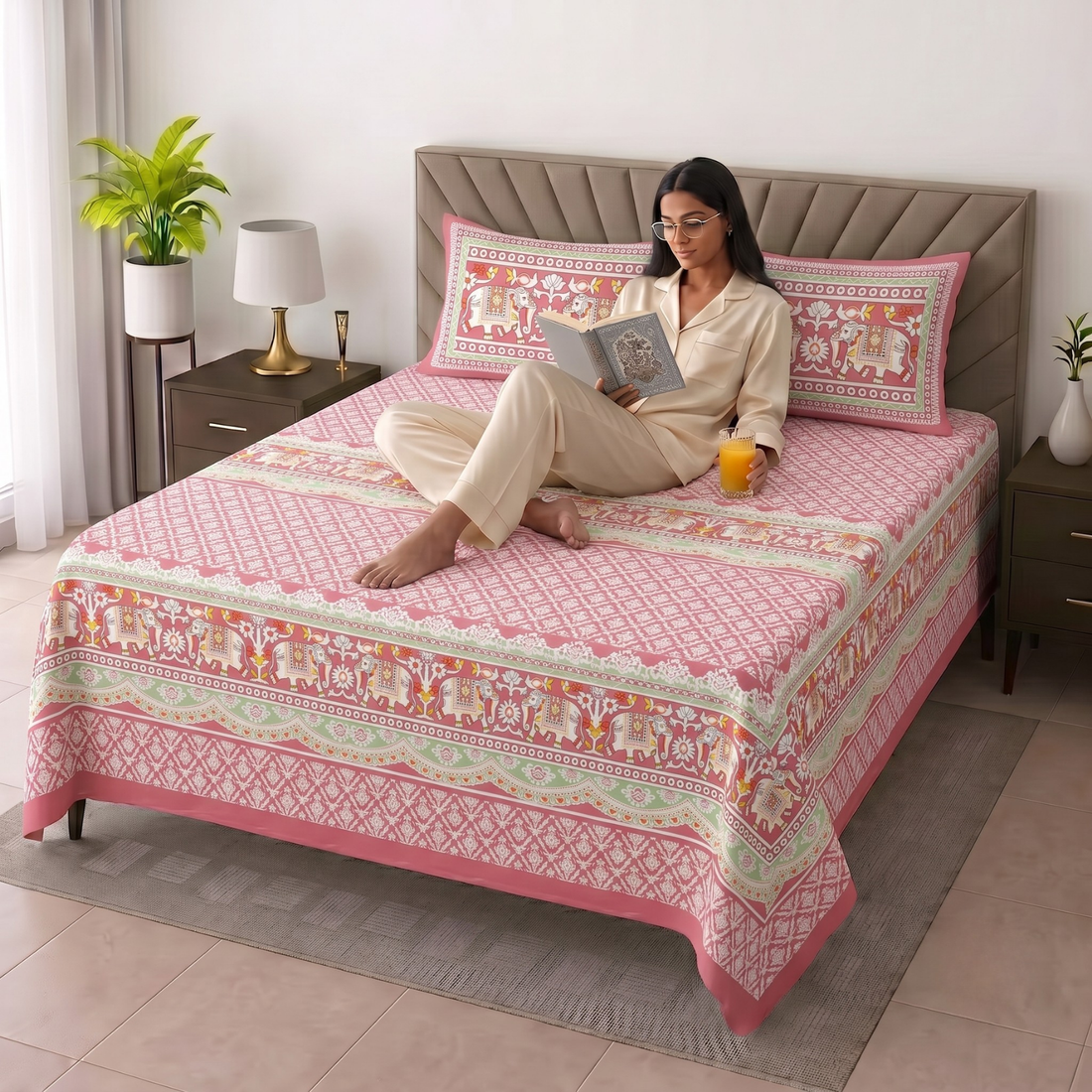 Pink Geometric Jumbo Size Cotton Bedsheet with 2 Pillow Covers