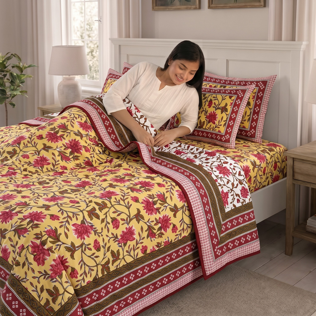 Yellow & Maroon Floral Pratham 4 Pieces Double Bed Dohar Set