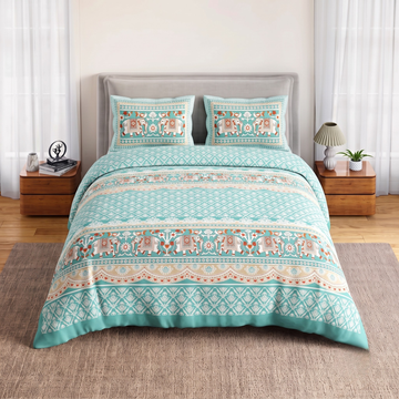 Sky Blue Geometric Jumbo Size Cotton Bedsheet with 2 Pillow Covers