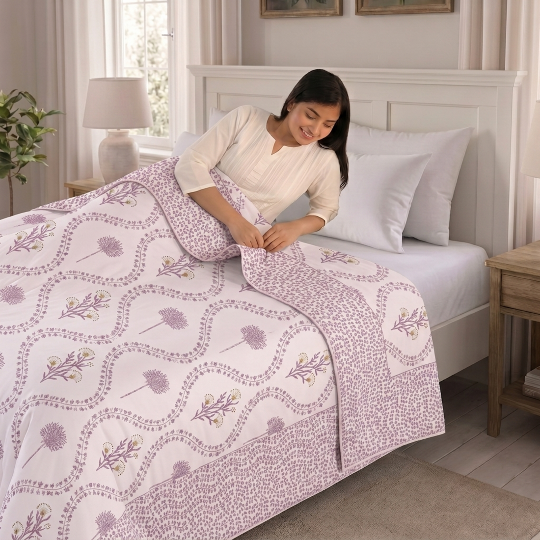 Light Pink Leaves Hawa Mahal Double Bed Reversible Cotton Dohar