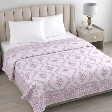 Light Pink Leaves Hawa Mahal Double Bed Reversible Cotton Dohar