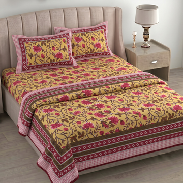 Yellow & Maroon Floral Pratham 4 Pieces Double Bed Dohar Set