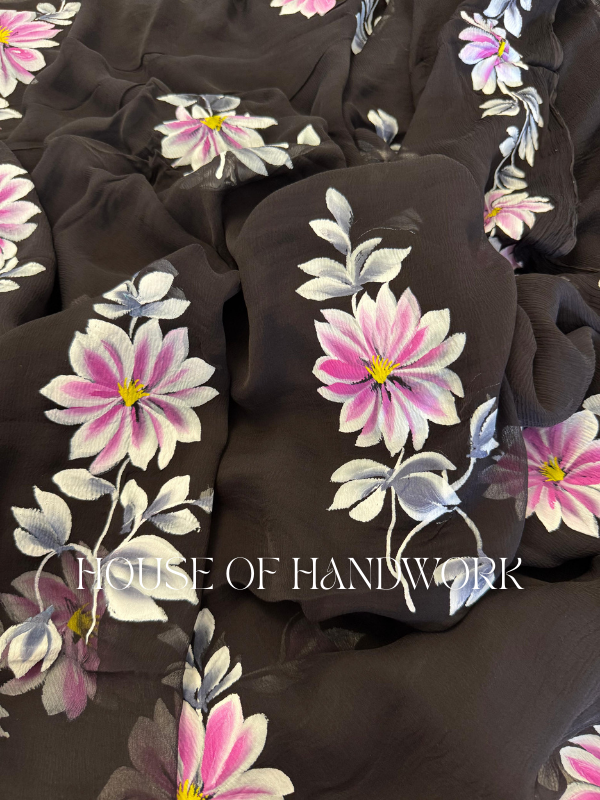 Midnight Bloom Foil Work Hand Painted Chiffon Saree