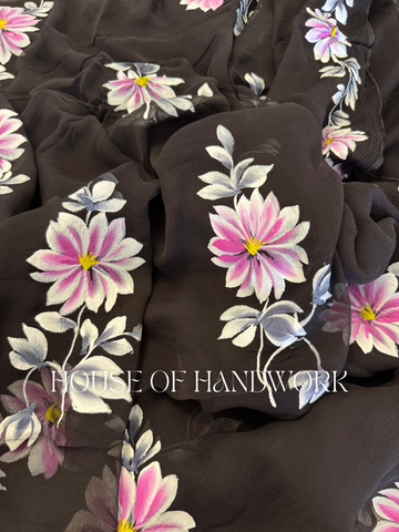 Midnight Bloom Foil Work Hand Painted Chiffon Saree