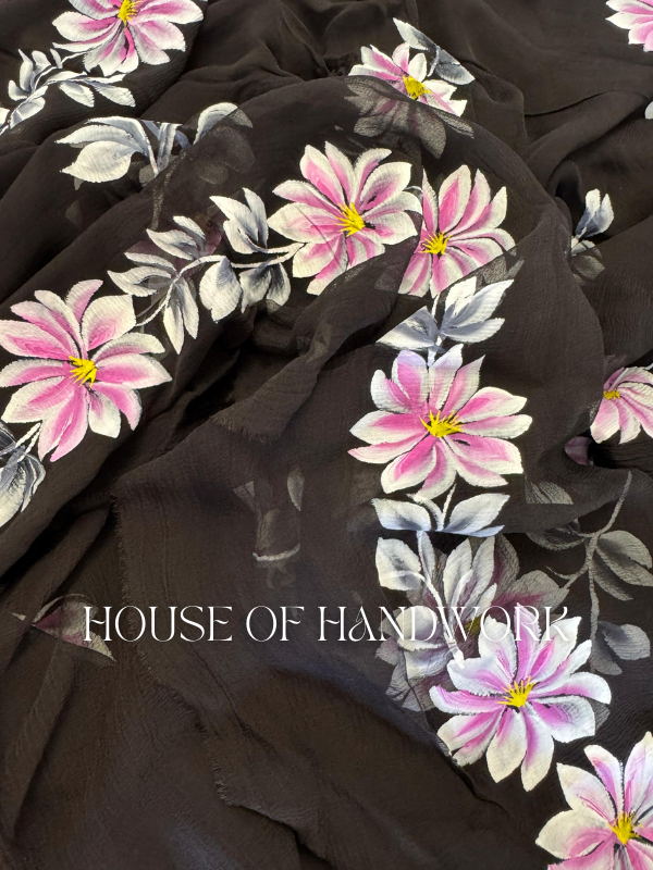 Midnight Bloom Foil Work Hand Painted Chiffon Saree