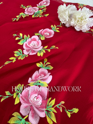 Crimson Rose Foil Work Hand Painted Saree