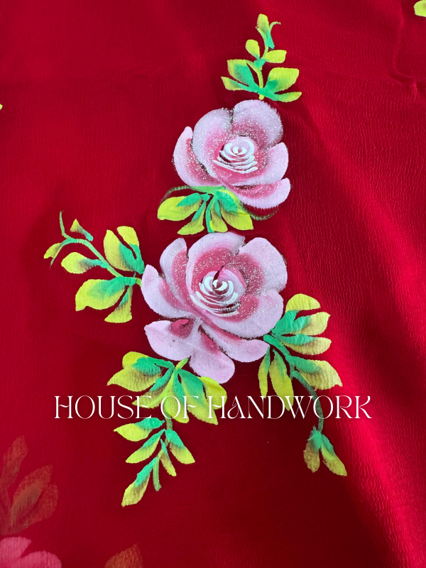 Crimson Rose Foil Work Hand Painted Saree