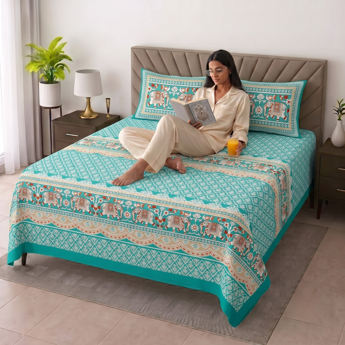 Sky Blue Geometric Jumbo Size Cotton Bedsheet with 2 Pillow Covers