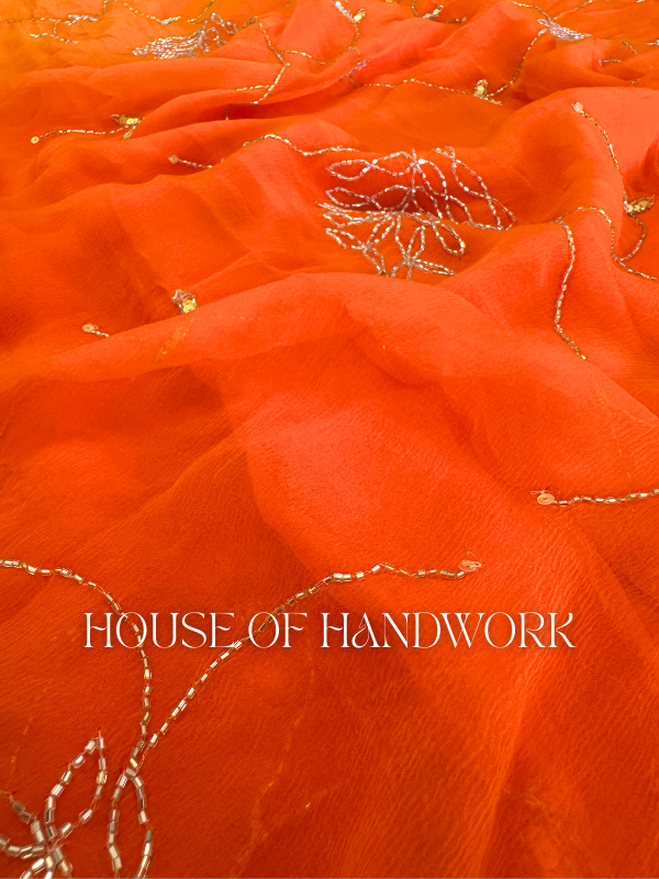 Saffron Spark Handwork Chiffon Saree