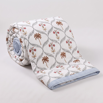 White & Brown Leaves Pratham 4 Pieces Double Bed Dohar Set
