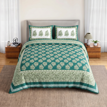 Dark Green Leaves Jumbo Size Cotton Bedsheet with 2 Pillow Covers