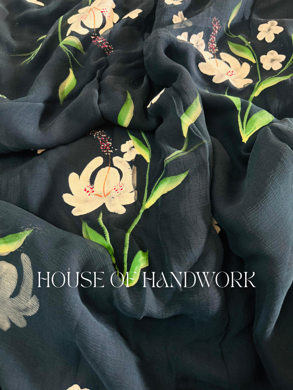 Midnight Bloom Hand Painted Chiffon Saree