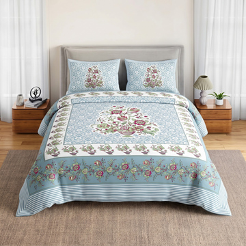 Blue Floral Jumbo Size Cotton Bedsheet with 2 Pillow Covers