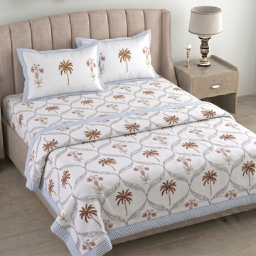 White & Brown Leaves Pratham 4 Pieces Double Bed Dohar Set