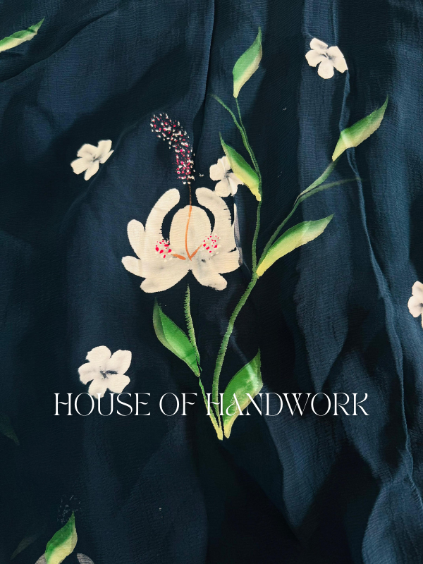 Midnight Bloom Hand Painted Chiffon Saree