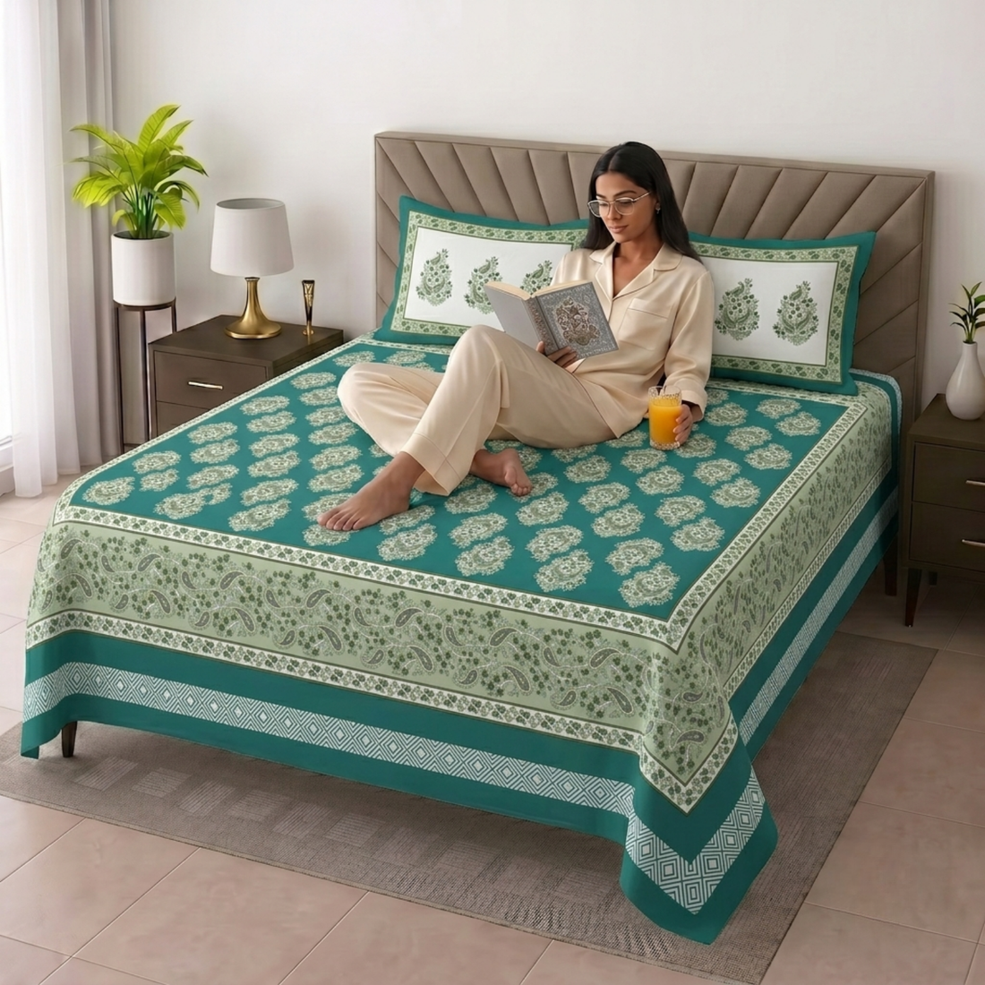 Dark Green Leaves Jumbo Size Cotton Bedsheet with 2 Pillow Covers