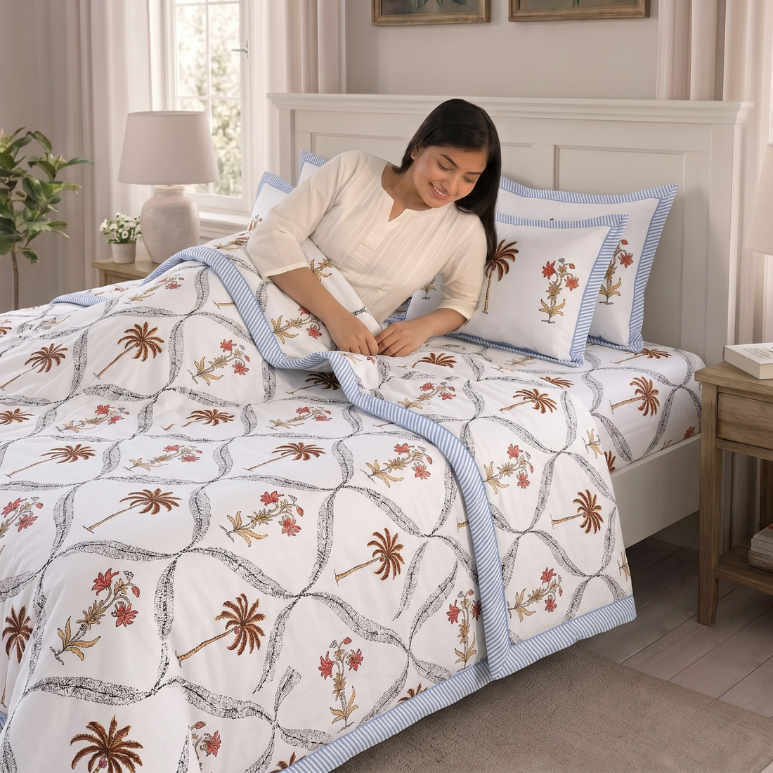 White & Brown Leaves Pratham 4 Pieces Double Bed Dohar Set